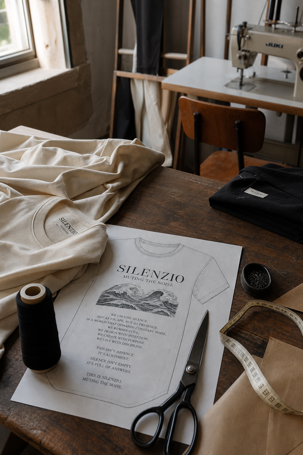 Mesa de taller con boceto y algodón
